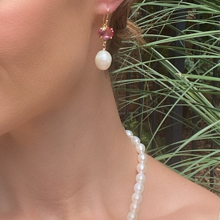 Baroque Pearl & Gemstone Dangle Earrings - Pink Topaz