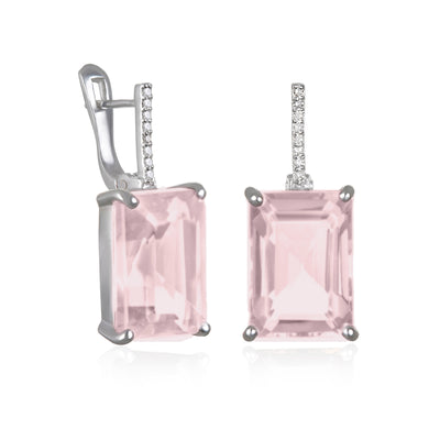 Charleston Diamond Emerald Cut Earring-  Rose Quartz Silver