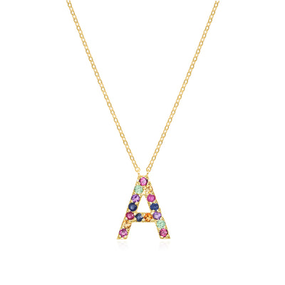 Rainbow Gemstone Initial Necklace-Gold