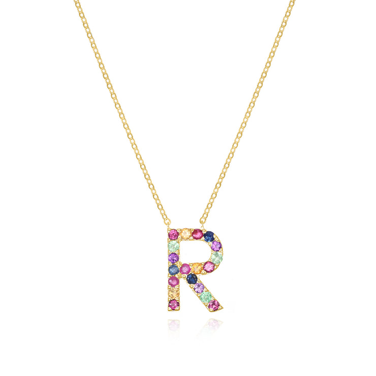Rainbow Gemstone Initial Necklace-Gold