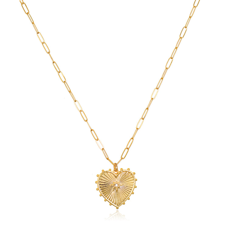 Beaded Heart Charm Paperclip Necklace-Gold