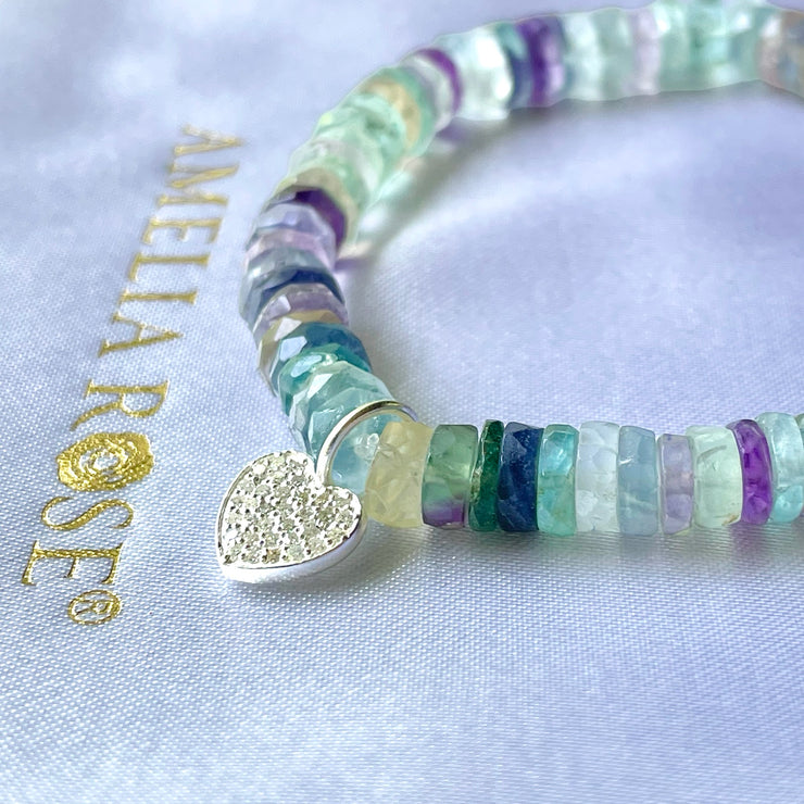 Diamond Heart & Rainbow Fluorite Beaded Bracelet