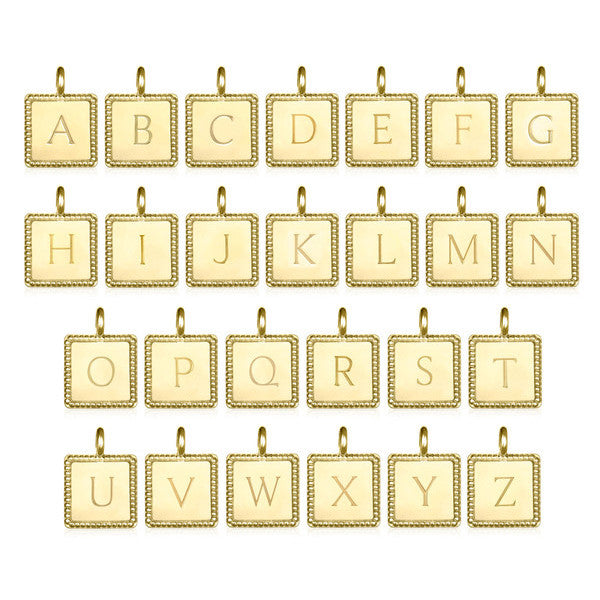 Beaded Square Initial Charm Necklace-Gold