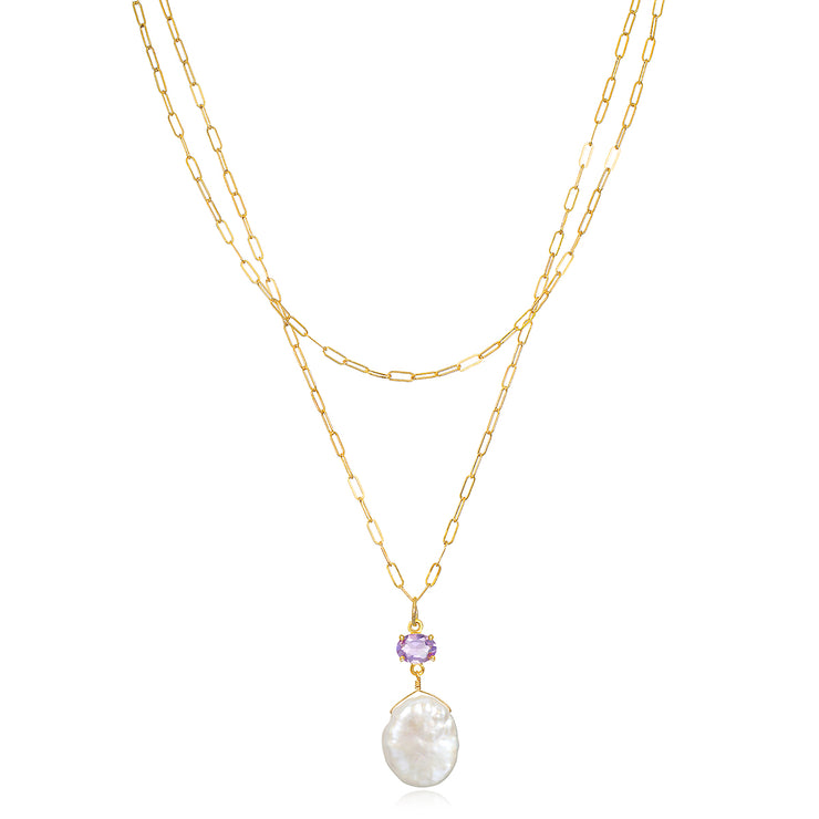 Layered Pink Amethyst & Keshi Pearl Necklace