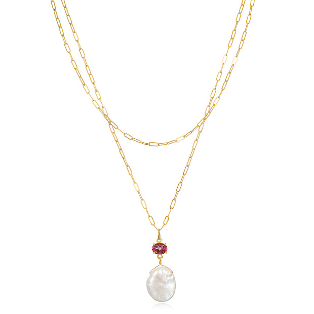 Layered Pink Topaz & Keshi Pearl Necklace