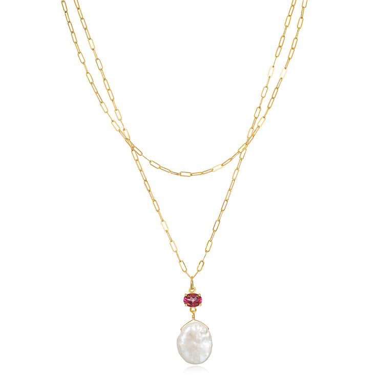 Layered Pink Topaz & Keshi Pearl Necklace